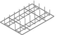 Схематичный 3D-рендер прямоугольного перфорированного противня с рядами вертикальных штырей (шампуров) для запекания — похоже на решётку для картофеля.